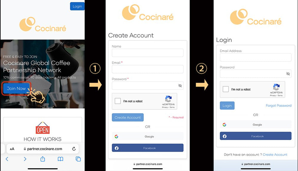 Creating a Cocinare partner account at partner.cocinare.com
