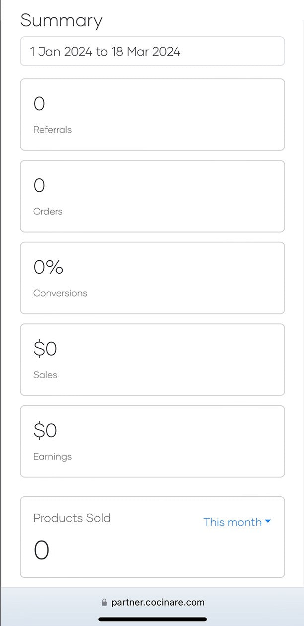 Cocinare partner dashboard order and commission summary