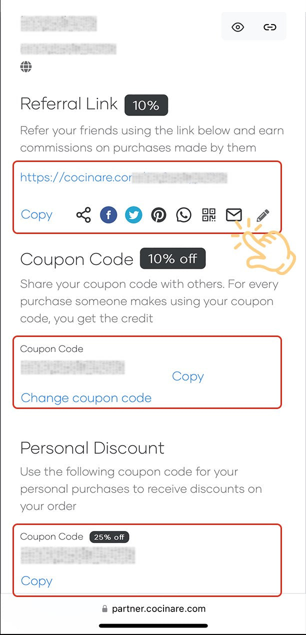Cocinare partner dashboard showing referral link, coupon code and personal discount