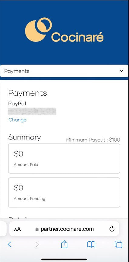 Cocinare partner dashboard payments section with PayPal payout