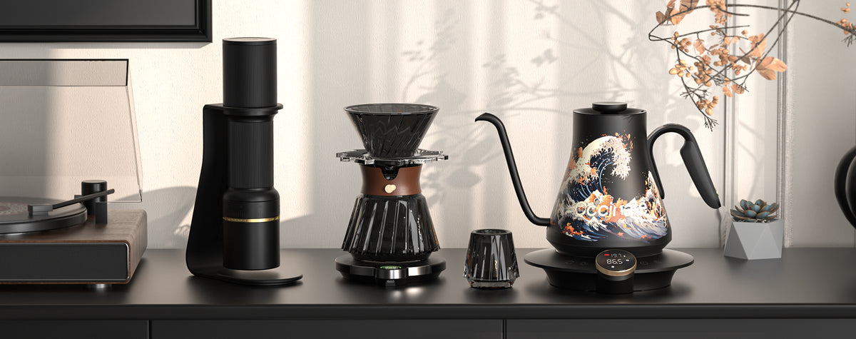 A complete Cocinare pour-over setup with kettle, dripper, scale and tasting cup